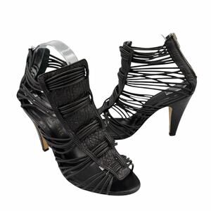 Loeffler Randall Black Leather Kylie Multi Strap Open Toe Gladiator Sandals